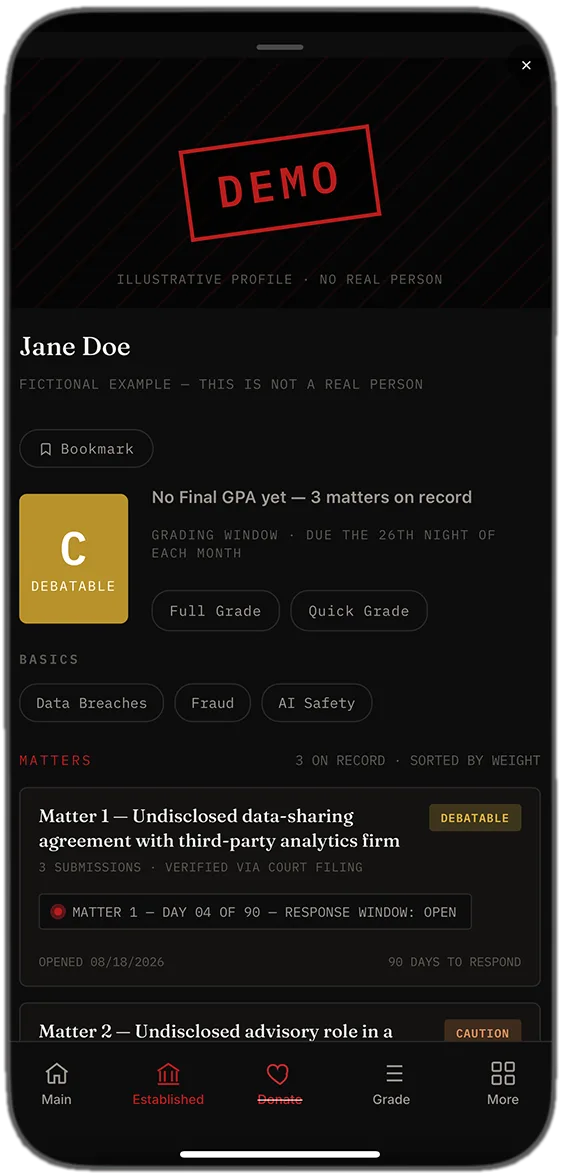 Phone screen showing a peer-graded conduct profile, with a grade badge and a civic steering article