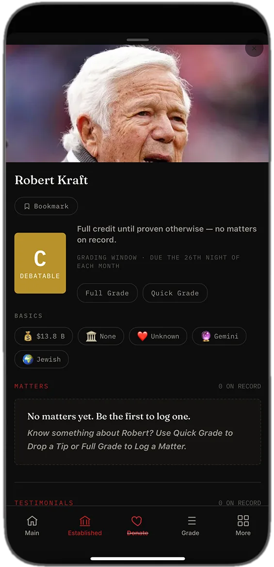 Phone screen showing Robert Kraft's peer-graded conduct profile