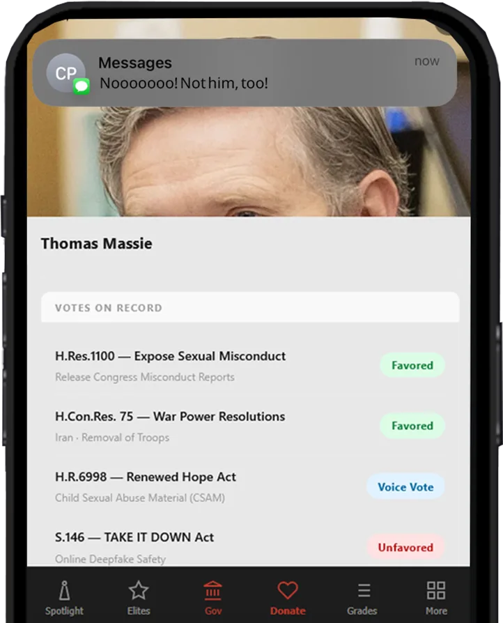 Phone screen showing Thomas Massie's peer-graded conduct profile