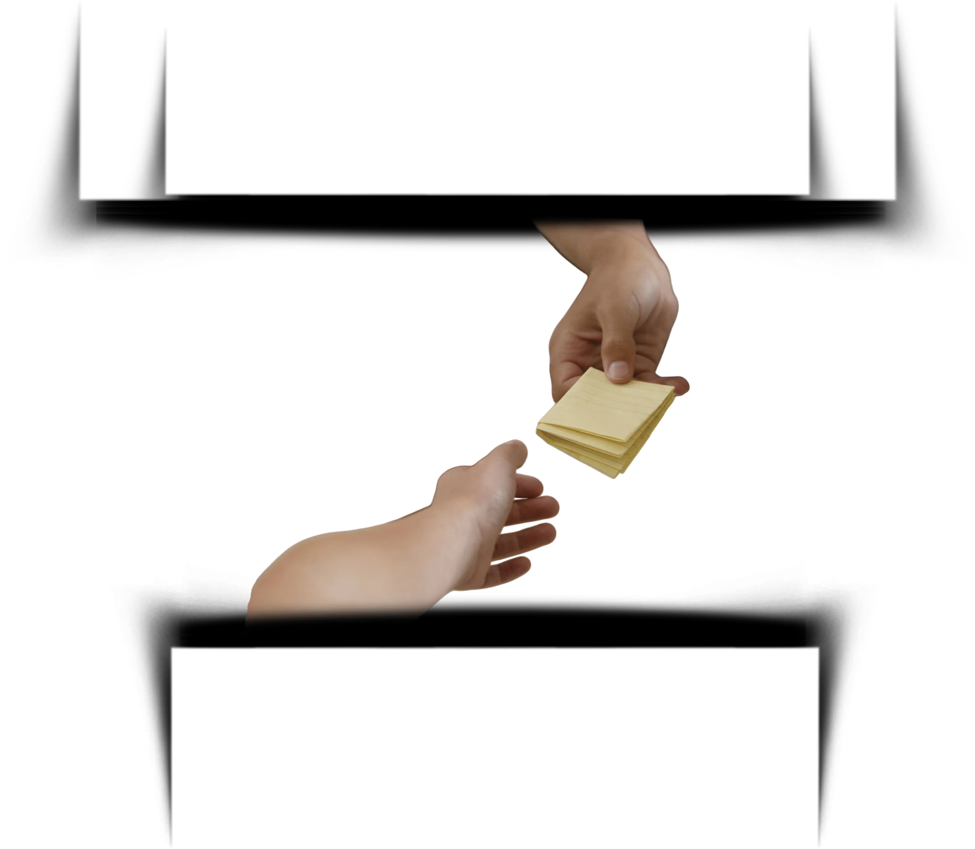 A hand passing a folded note down to another hand